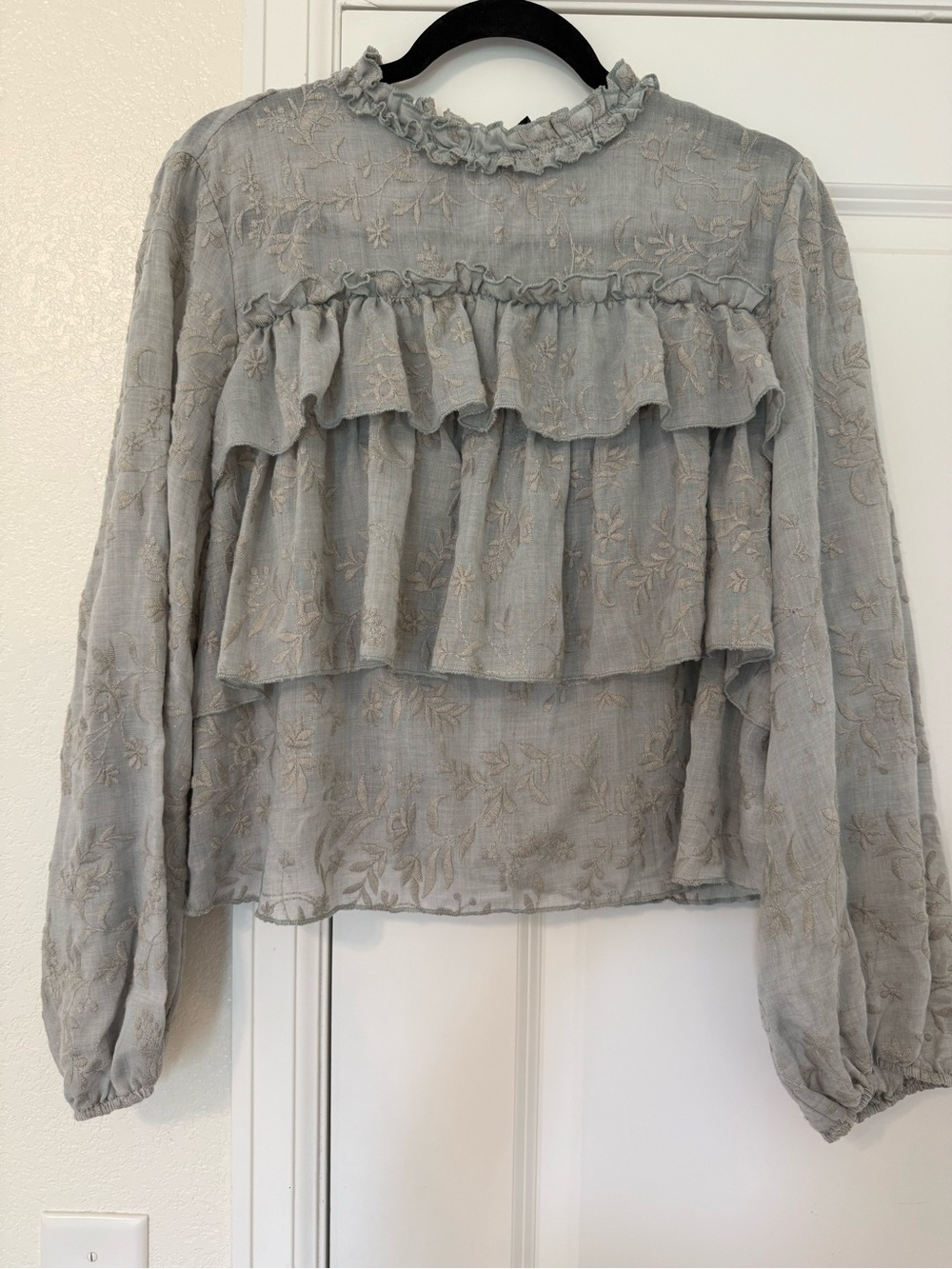 Zara Light Dusty Blue Ruffle-Front Embroidered Blouse
